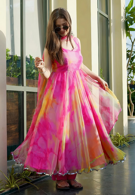 Trendy Pink With Multi Color Shibori Print Gown