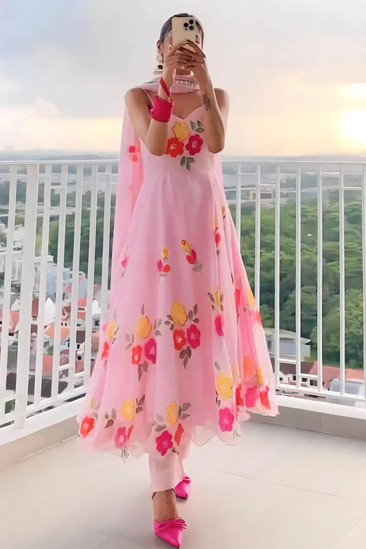 Pink Tebby Organza Silk Digital Print Anarkali Gown
